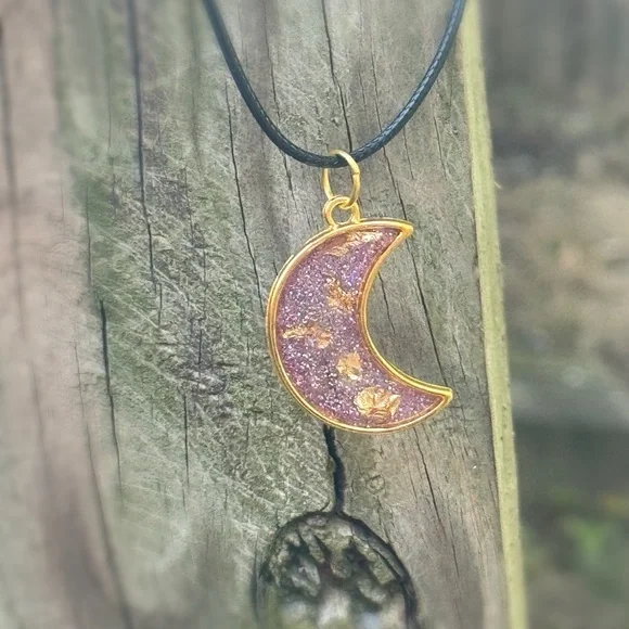 Elegant Gold and Purple Crescent Moon Pendant Necklace - Picture 2 of 8